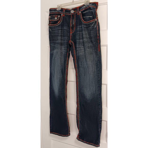 Vintage Y2K Bootcut Jeans 36 x 34 Skull Thick Stitch Embroidered Fading Whiskers - Picture 3 of 14